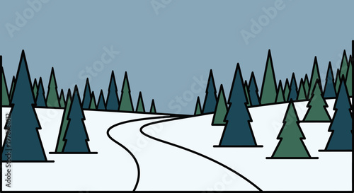 Winter landscape scene with snowy road winding through stylized evergreen trees