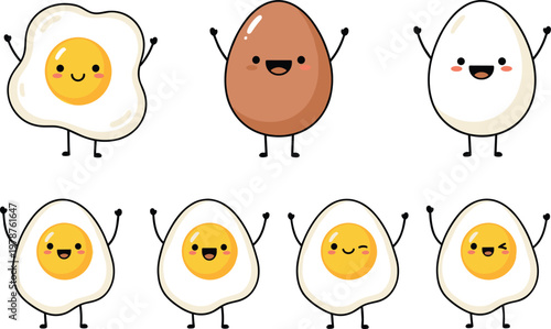 Cute Egg Characters Collection with Happy Smiling Faces Boiled Fried Eggs Cartoon Mascot Set for Food Design