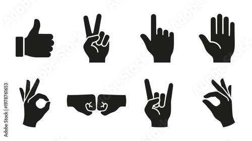 Set of 8 silhouette hand gesture vector icons monochrome