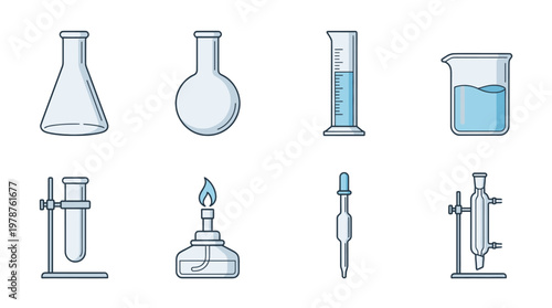 Chemical experimentation in a laboratory setting with glassware and equipment scientific research environment top-down view