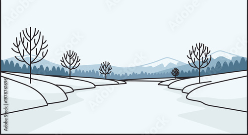Winter landscape scene with trees and snow covered river illustration