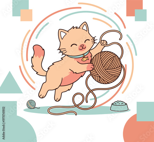 Cute cartoon cat playing with a ball of yarn domestic charming entangled activity whimsical adorable animation illustration cheerful innocent