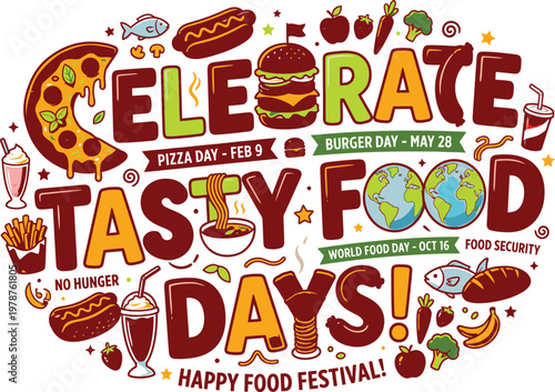 Celebrate tasty food days illustration with various foods like pizza burgers drinks food festival hot dog ice cream delicious celebration vegetables enjoyment illustration restaurant