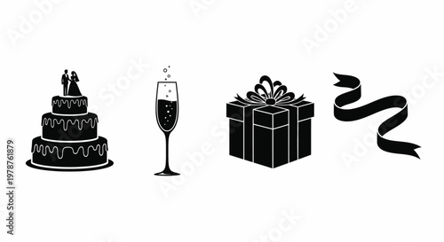 Wedding Cake Champagne Glass Gift Box Ribbon Celebration Vector Icons Set
