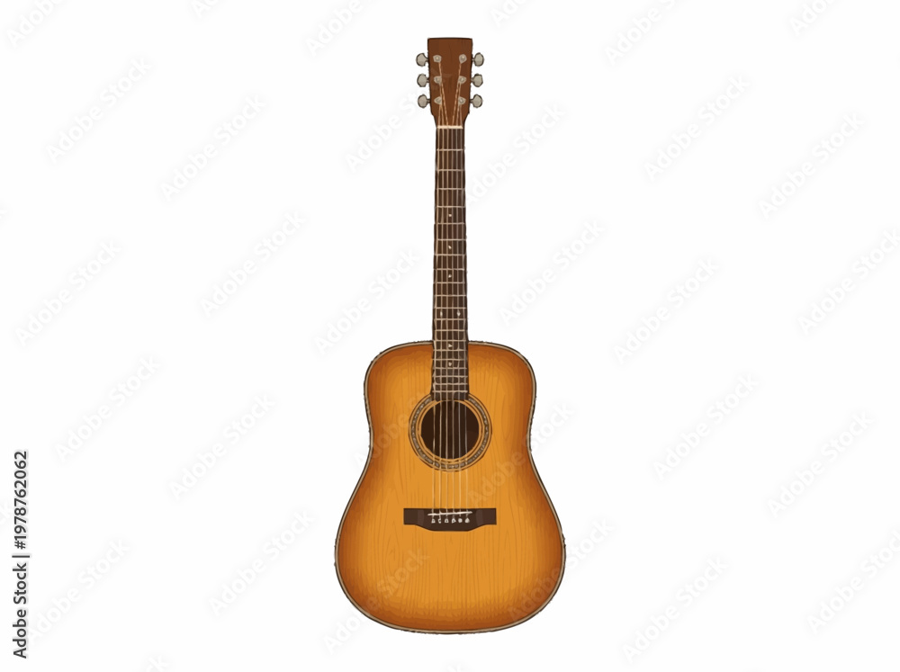 Obraz premium Acoustic guitar with a sunburst finish, showcasing its wooden body, fretboard, and tuning pegs.