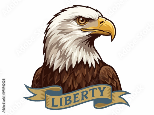 A majestic bald eagle with a determined gaze, adorned with a banner proclaiming 'Liberty'.
