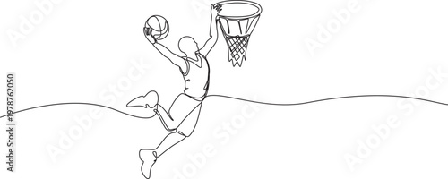 Continuous Line Drawing of a Basketball Player Dunking