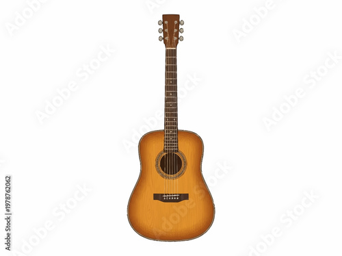 Acoustic guitar with a sunburst finish, showcasing its wooden body, fretboard, and tuning pegs.