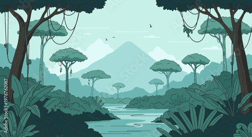 Tranquil jungle landscape illustration with trees river and mountains