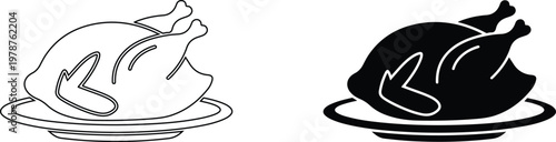 A black and white illustration of a roasted chicken on a plate in two different styles