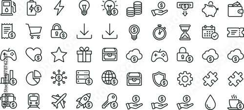 Business finance service outline icon set with ecommerce transportation payment security productivity symbols for dashboards apps presentations websites interface design