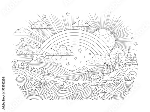 Stylized Line Landscape with Sun Rainbow Clouds and Waves stars