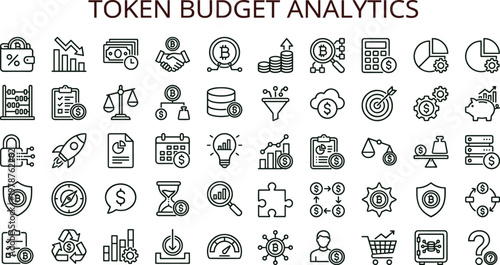 Token budget analytics outline icon set with financial monitoring blockchain investment planning reporting symbols for dashboards apps web technology interfaces