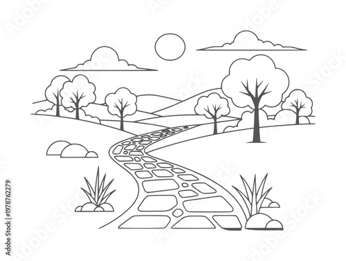 Winding stone path through rolling hills with trees and sun