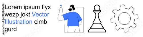 Strategy, decision-making, teamwork, planning, innovation, problem-solving. Minimalist design with a person holding an object, a chess piece and a gear. Strategy and decision-making concepts