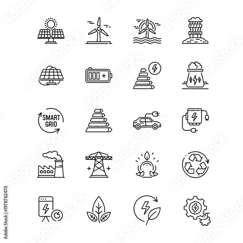 A collection of 16 clean, modern line art icons representing various aspects of renewable energy and sustainable technology.