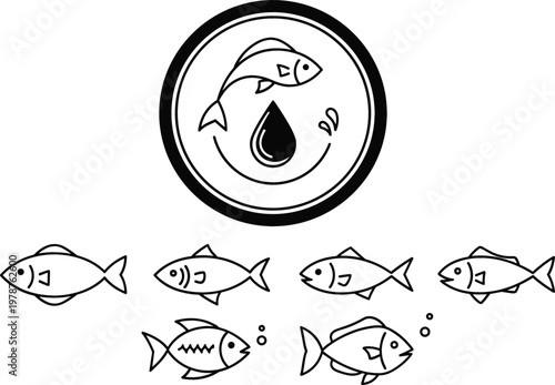 Fish Oil and Omega Three Icon Set with Marine Life Symbols, Water Droplet, and Fishing Industry Elements for Health Supplements and Seafood Packaging Designs