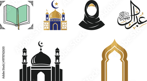 Islamic Culture Icon Set with Mosque Building, Quran Book, Hijab Woman, Arabic Calligraphy, and Golden Arch for Ramadan and Eid Religious Celebration Designs