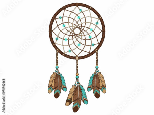 A detailed illustration of a dreamcatcher with intricate weaving, beads, and feathers, symbolizing protection and good dreams.