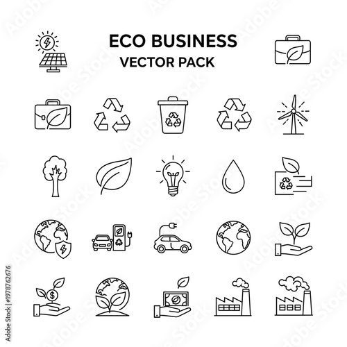 Collection of eco-friendly business and environmental icons, including solar panels, recycling symbols, wind turbines, and green energy concepts.