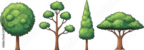 Four Different Cartoon Trees Set Vector Illustration for Game Assets and Nature Elements