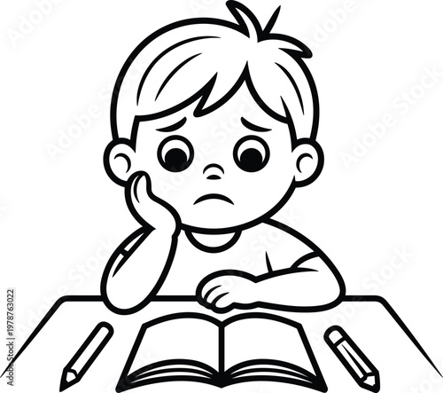 child studying with book, learning difficulty concept, kids education worksheet outline vector
