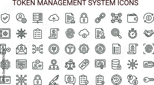 Token management system outline icon set with blockchain security authentication verification analytics integration symbols for dashboards apps web financial technology interfaces