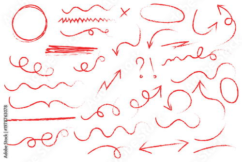 Hand drawn pen line highlight red set. Line red hand drawn pen marker stroke underline, arrow, check mark emphasis. Round oval, circle scribble frame, arrow elements . Line pen hand drawn marker .