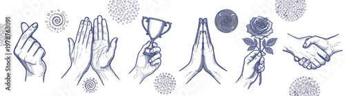 Set of hand drawn sketches featuring various hand gestures including finger heart applause holding a trophy praying hands rose and handshake for positive concepts isolated on white