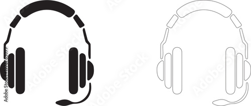Over-ear headphones with a soft cushion and microphone. Editable vector silhouette.