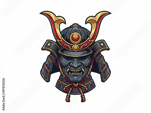 A detailed illustration of a traditional Japanese samurai helmet with a fierce mask and ornate golden accents.