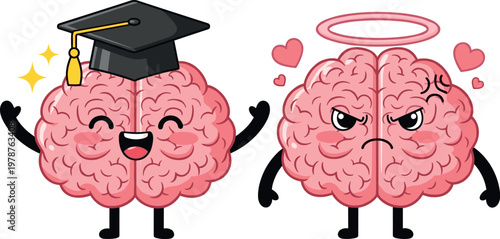 Cute Brain Mascot Cartoon Showing Smart Genius and Naughty Evil Personality Dual Characters for Education Concept Design
