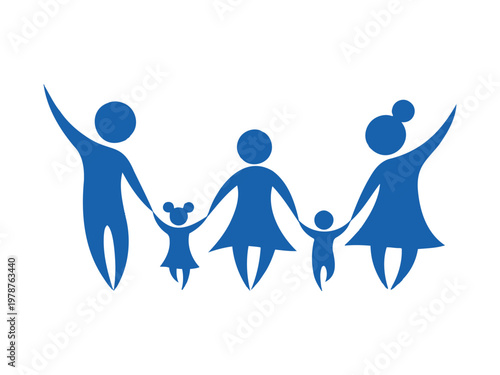 Happy family icon: parents and children holding hands with graphic symbolizes unity, happiness