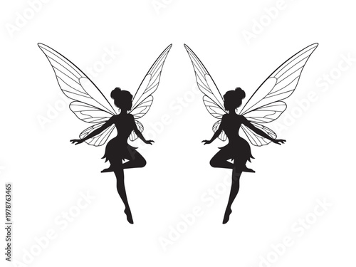 Two fairies silhouette with wings silhouette illustration creature tinkerbell graceful