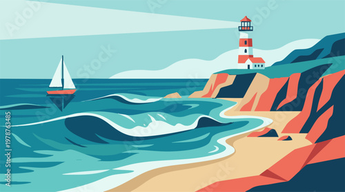 Minimalist coastal landscape illustration with lighthouse and sailboat