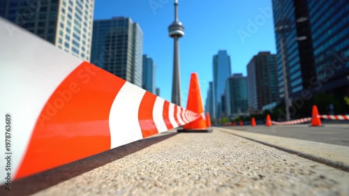 Road construction underway near iconic tower in city downtown area with barriers