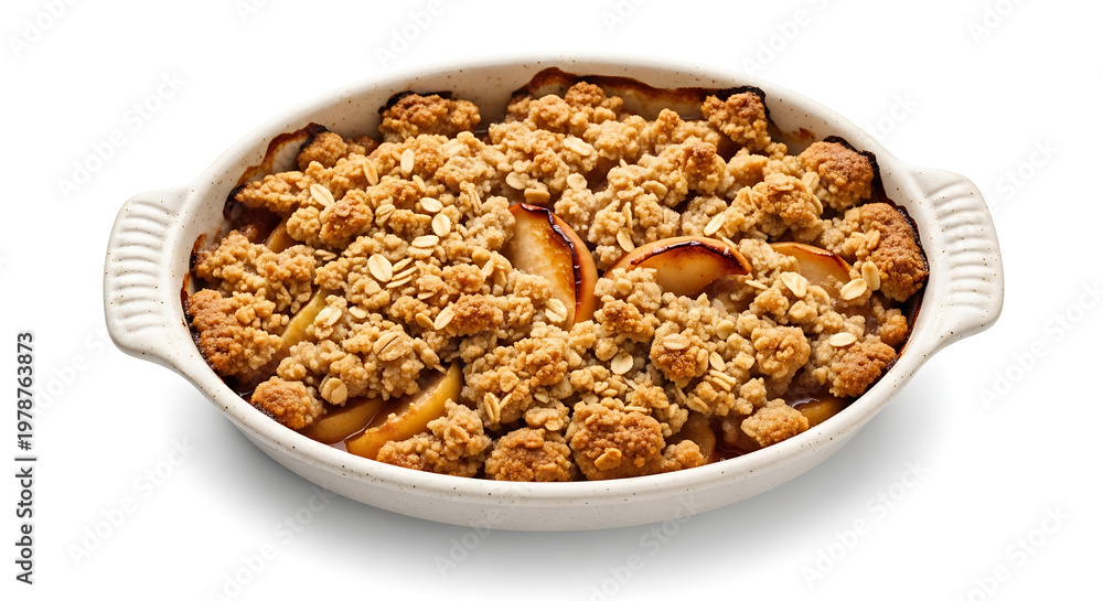 Obraz premium Apple crumble in ceramic baking dish isolated on white background with crispy topping