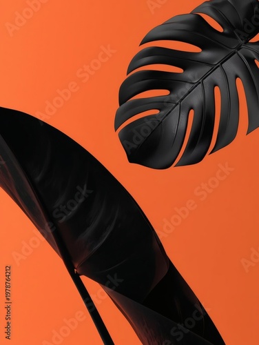 A vibrant, high-detail botanical composition featuring large tropical leaves background