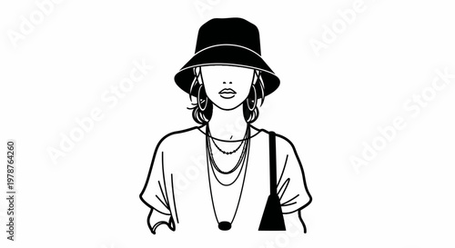 Fashionable woman wearing a hat and jewelry.