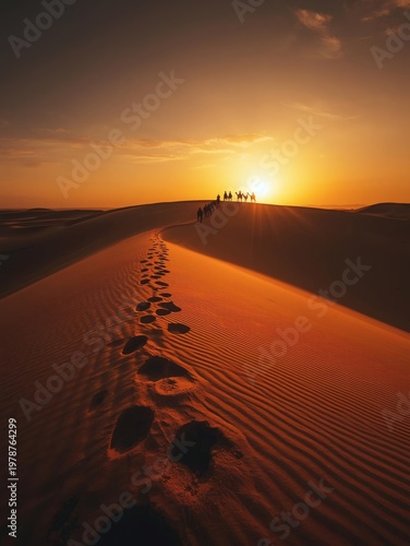 A golden sunset glows over the hot Sahara desert dunes as the sun meets the horizon in a vast, dry landscape of yellow sand and summer heat under a cloudy sky