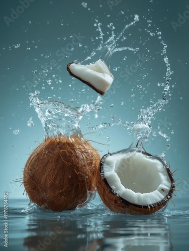 A fresh, tropical coconut on a white background features a cracked brown shell and healthy milk near an exotic palm leaf and isolated fruit half