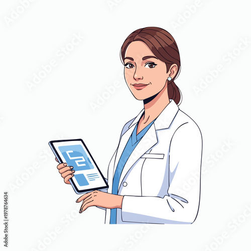 Female doctor in a white lab coat holding a tablet with medical icons, smiling confidently against a white background.