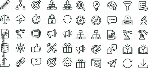 Workflow automation outline icon set for analytics dashboards applications interfaces productivity robotics integration and smart digital technology systems