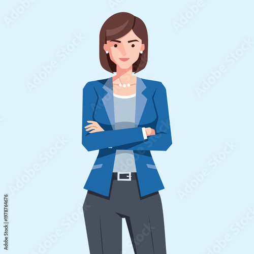 Confident businesswoman with arms crossed, wearing a blue blazer and grey pants, isolated on a light blue background.
