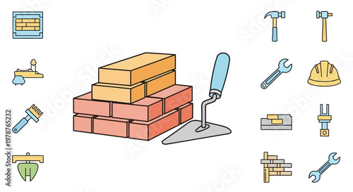 Construction tools and bricks stacked high.