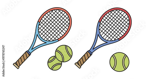 Tennis rackets and balls equipment set.