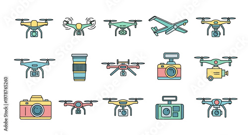 Drones and Camera Icons Colorful Set.