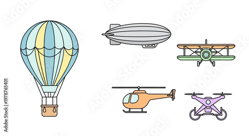 Hot air balloon and various aircraft.
