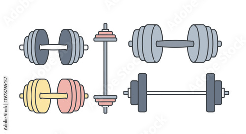 Colorful dumbbells and barbells set.