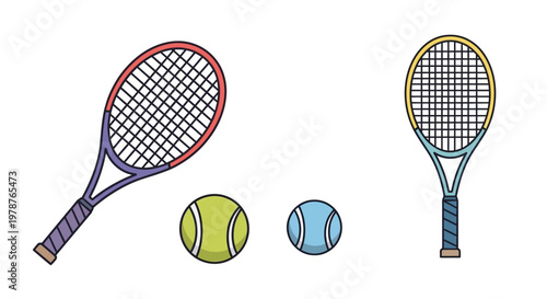 Tennis rackets and colorful tennis balls.